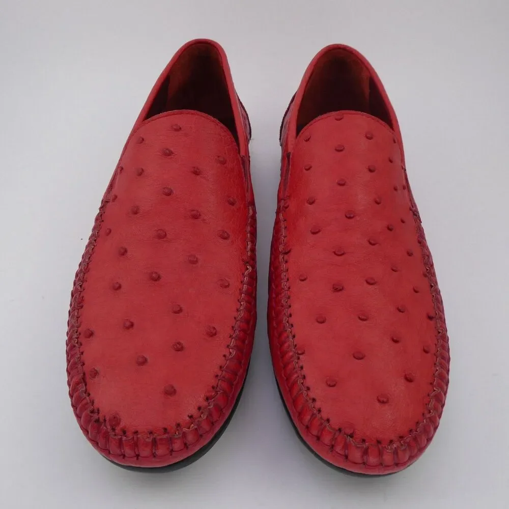 Men’s Red Genuine Ostrich Leather Driving Loafers Moccasins 250 mm / US 7 / EU40